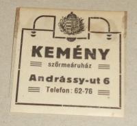 KEMÉNY szörmeáruház. reklám